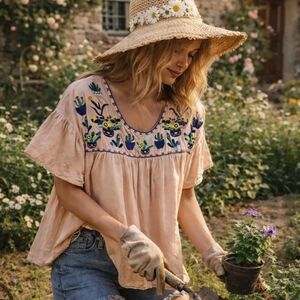 Boho Embroidered Cactus Floral Peasant Top Cottagecore Western Desert Top, 2XL
